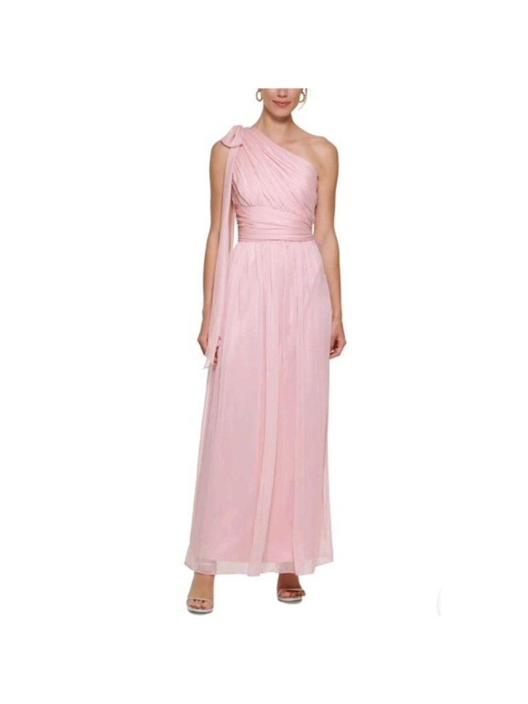 Nwt Dkny Womens Pink Chiffon Pleated Sleeveless Bow One Shoulder Gown Size 6